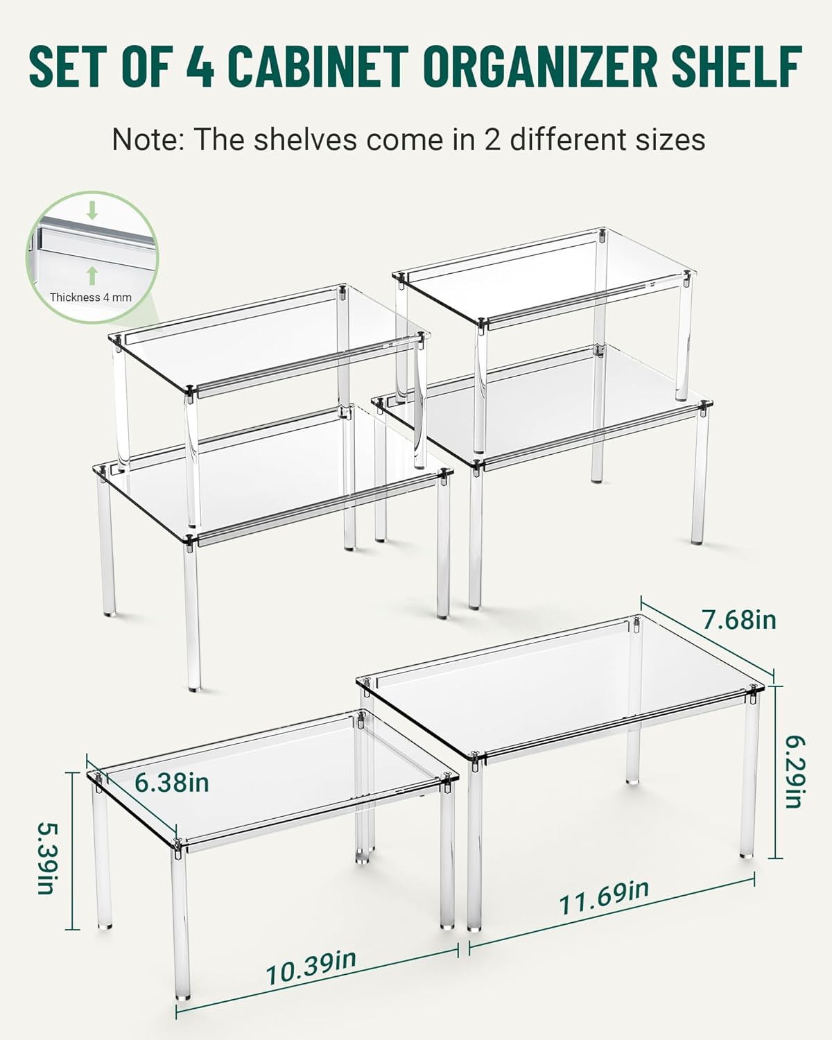 Acrylic Cabinet Organizer, Set of 4 Spice Rack Organizer for Cabinet, Desk Countertop Shelf Organizer, Pantry Kitchen Storage and Organization, Stackable Shelves House Essentials for Gift - Image 4
