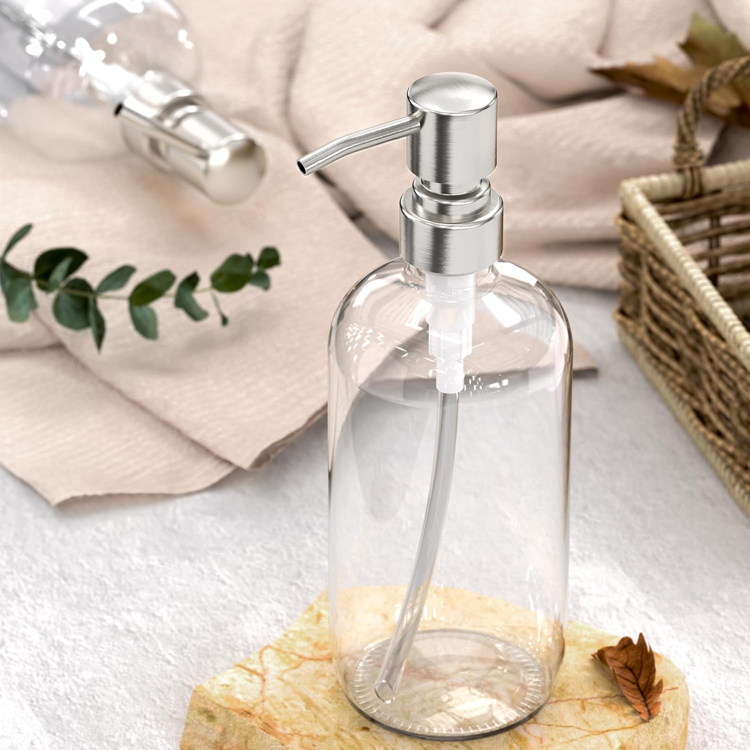 AmazerBath Soap Dispenser, 2 Pack Glass Soap Dispenser with Pump Stainless Steel, 17OZ Hand Soap Bottles Bathroom Kitchen, Clear - Image 4