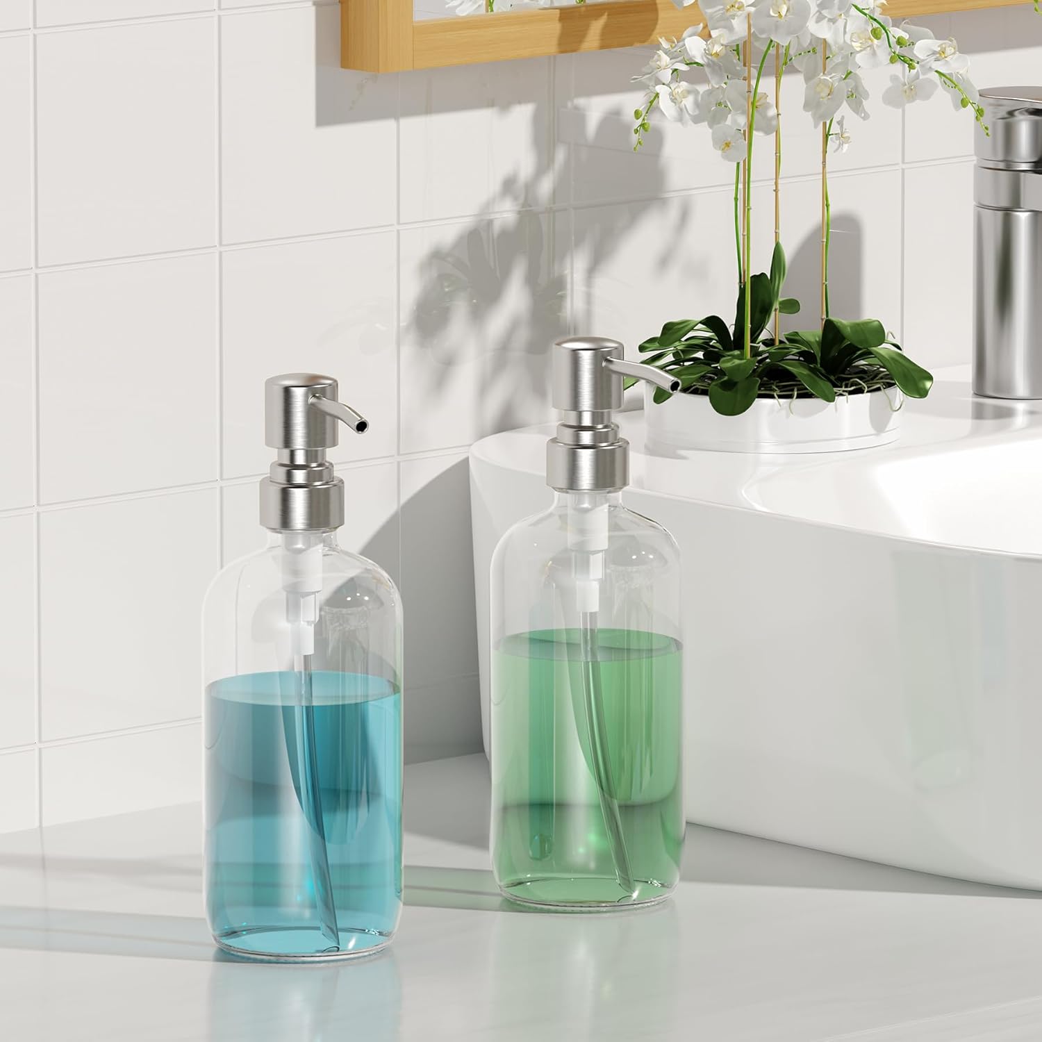 AmazerBath Soap Dispenser, 2 Pack Glass Soap Dispenser with Pump Stainless Steel, 17OZ Hand Soap Bottles Bathroom Kitchen, Clear - Image 7