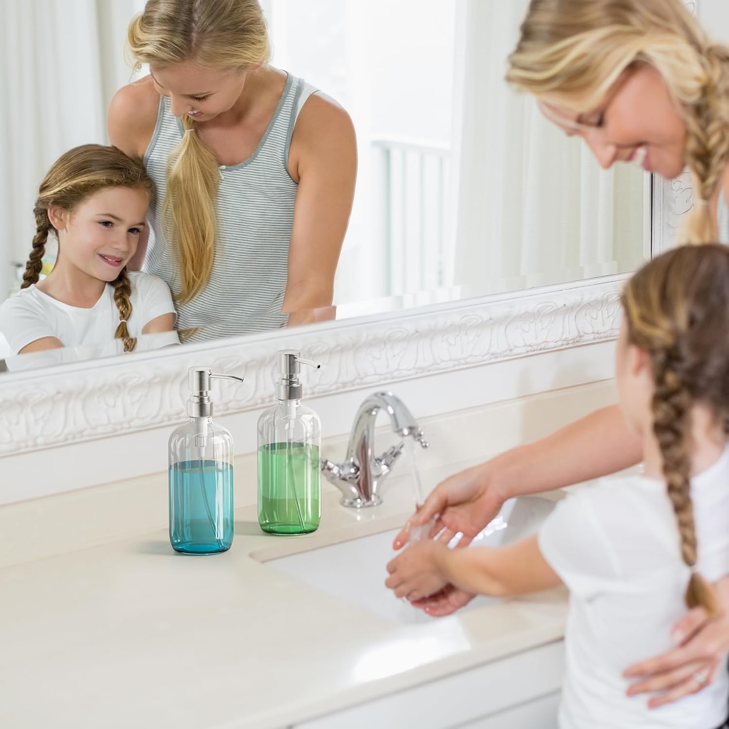 AmazerBath Soap Dispenser, 2 Pack Glass Soap Dispenser with Pump Stainless Steel, 17OZ Hand Soap Bottles Bathroom Kitchen, Clear - Image 8