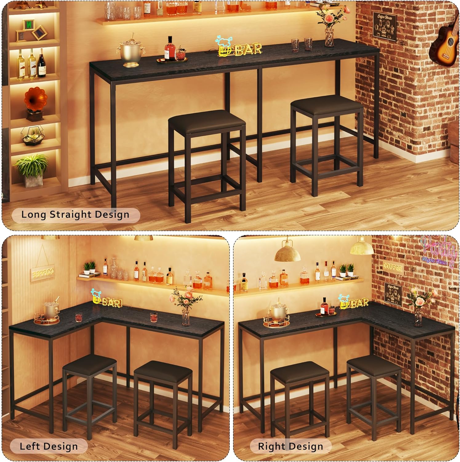 Bar Table and Chairs Set for 2-4, 63'' Convertible L-Shaped Kitchen Table with Power Outlets, 3 Piece Counter Height Small Dining Table with 2 Stools, Space Saving, Breakfast Nook Corner, Black - Image 3