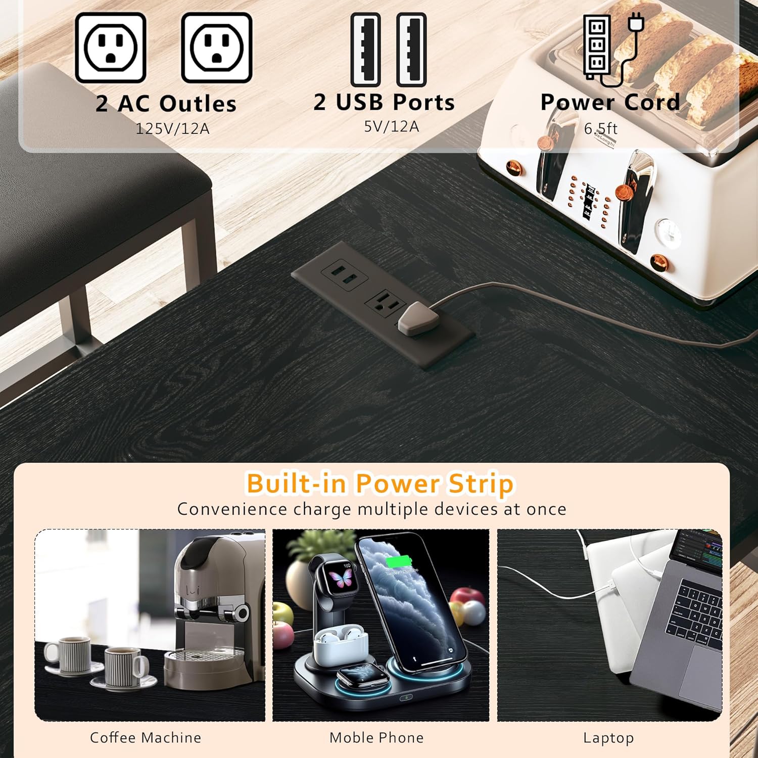 Bar Table and Chairs Set for 2-4, 63'' Convertible L-Shaped Kitchen Table with Power Outlets, 3 Piece Counter Height Small Dining Table with 2 Stools, Space Saving, Breakfast Nook Corner, Black - Image 4