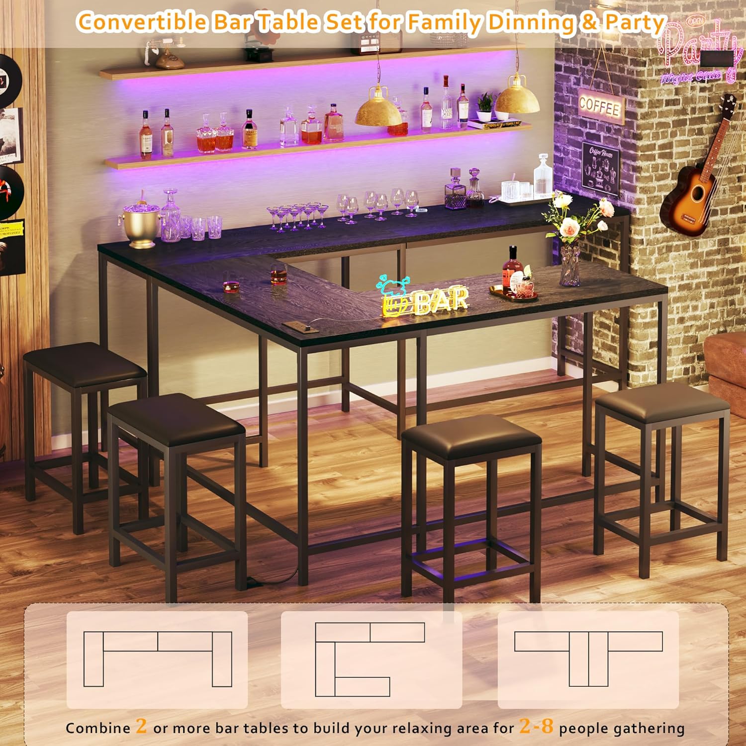 Bar Table and Chairs Set for 2-4, 63'' Convertible L-Shaped Kitchen Table with Power Outlets, 3 Piece Counter Height Small Dining Table with 2 Stools, Space Saving, Breakfast Nook Corner, Black - Image 5
