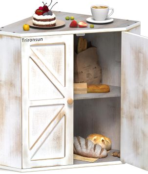 Corner Bread Box for Kitchen Counter Double Layer Bamboo Bread Storage Container Large Capacity Bread Storage Bin Farmhouse Breadbox Organizer