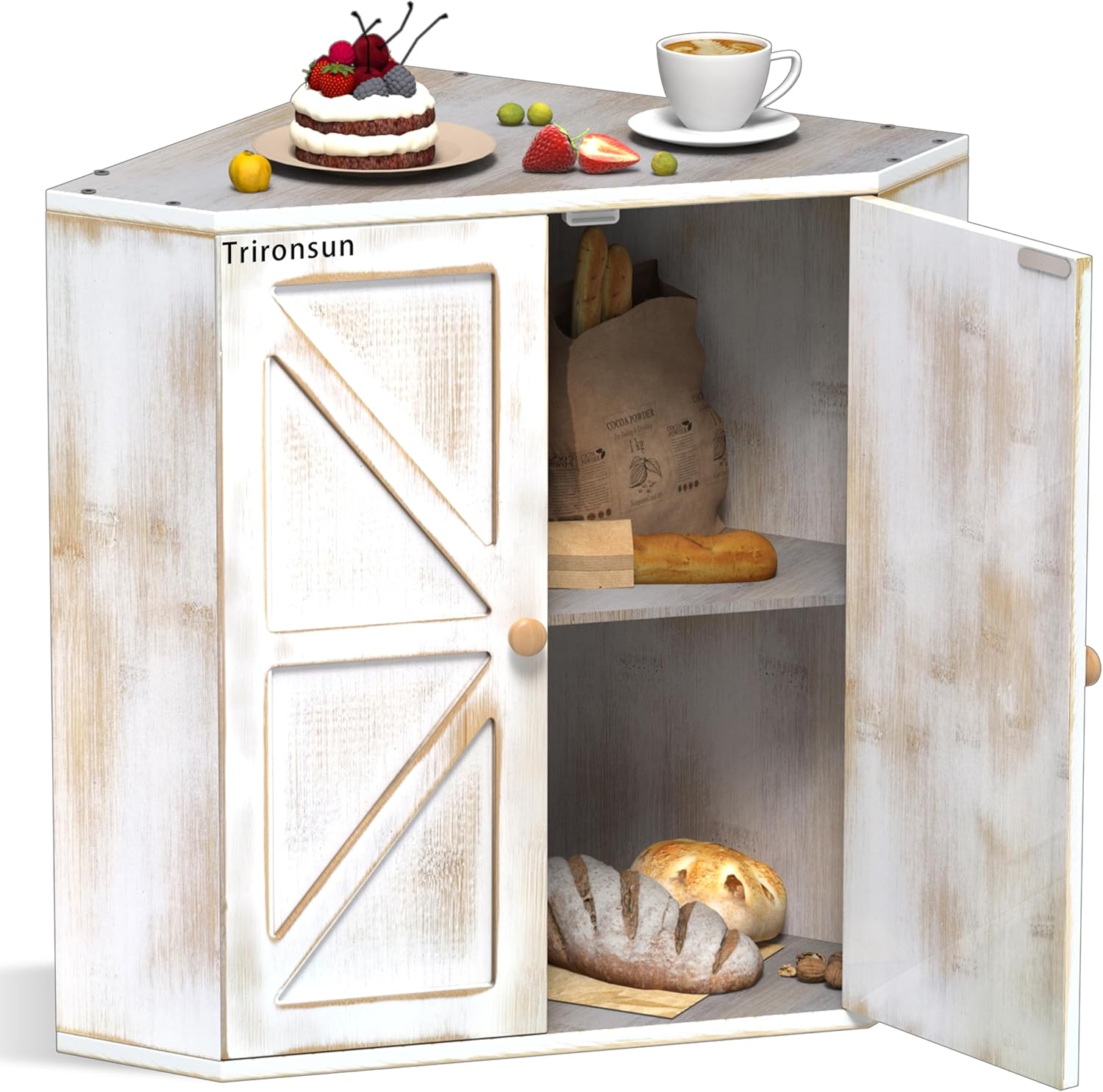 Corner Bread Box for Kitchen Counter Double Layer Bamboo Bread Storage Container Large Capacity Bread Storage Bin Farmhouse Breadbox Organizer