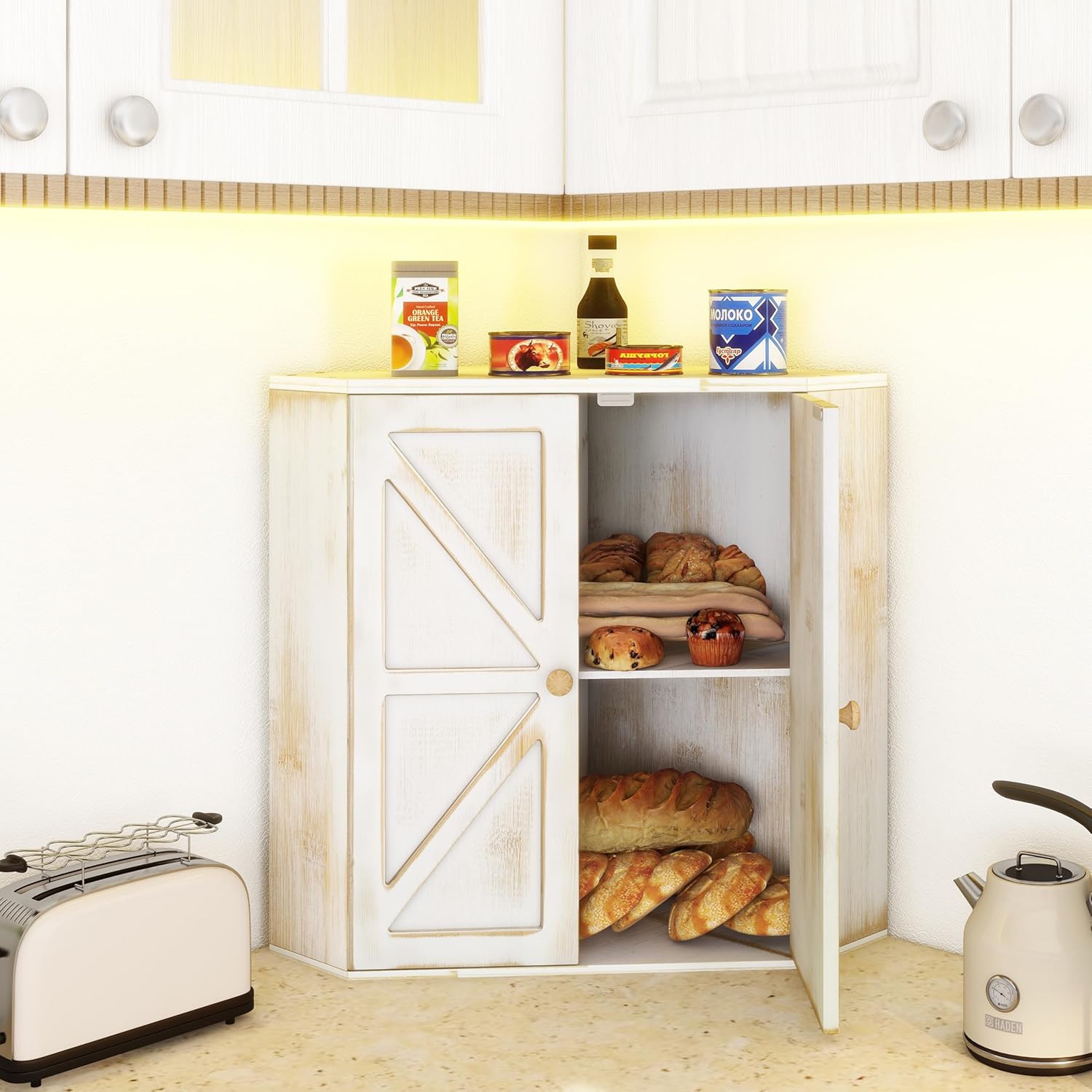 Corner Bread Box for Kitchen Counter Double Layer Bamboo Bread Storage Container Large Capacity Bread Storage Bin Farmhouse Breadbox Organizer - Image 3