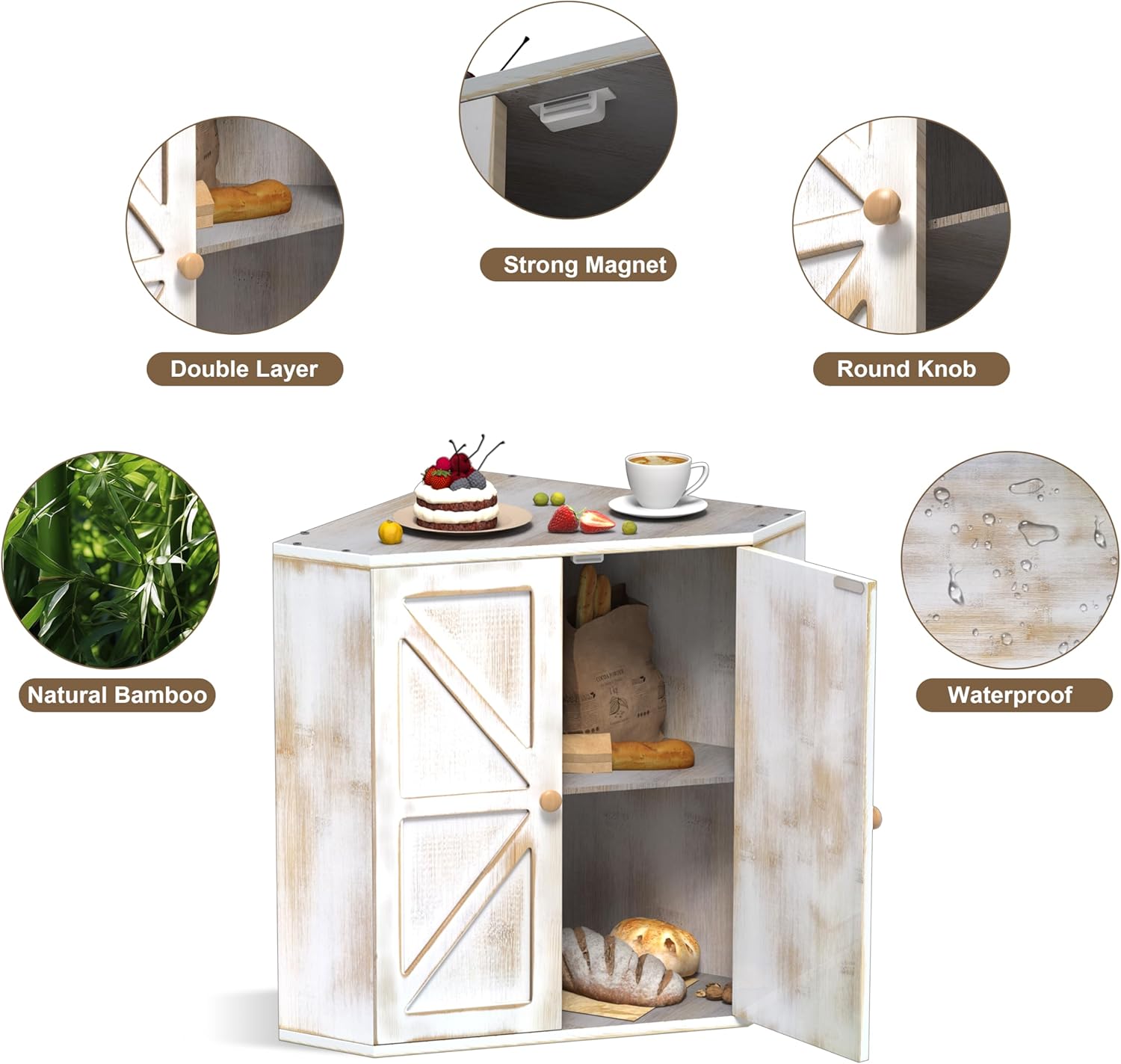 Corner Bread Box for Kitchen Counter Double Layer Bamboo Bread Storage Container Large Capacity Bread Storage Bin Farmhouse Breadbox Organizer - Image 8