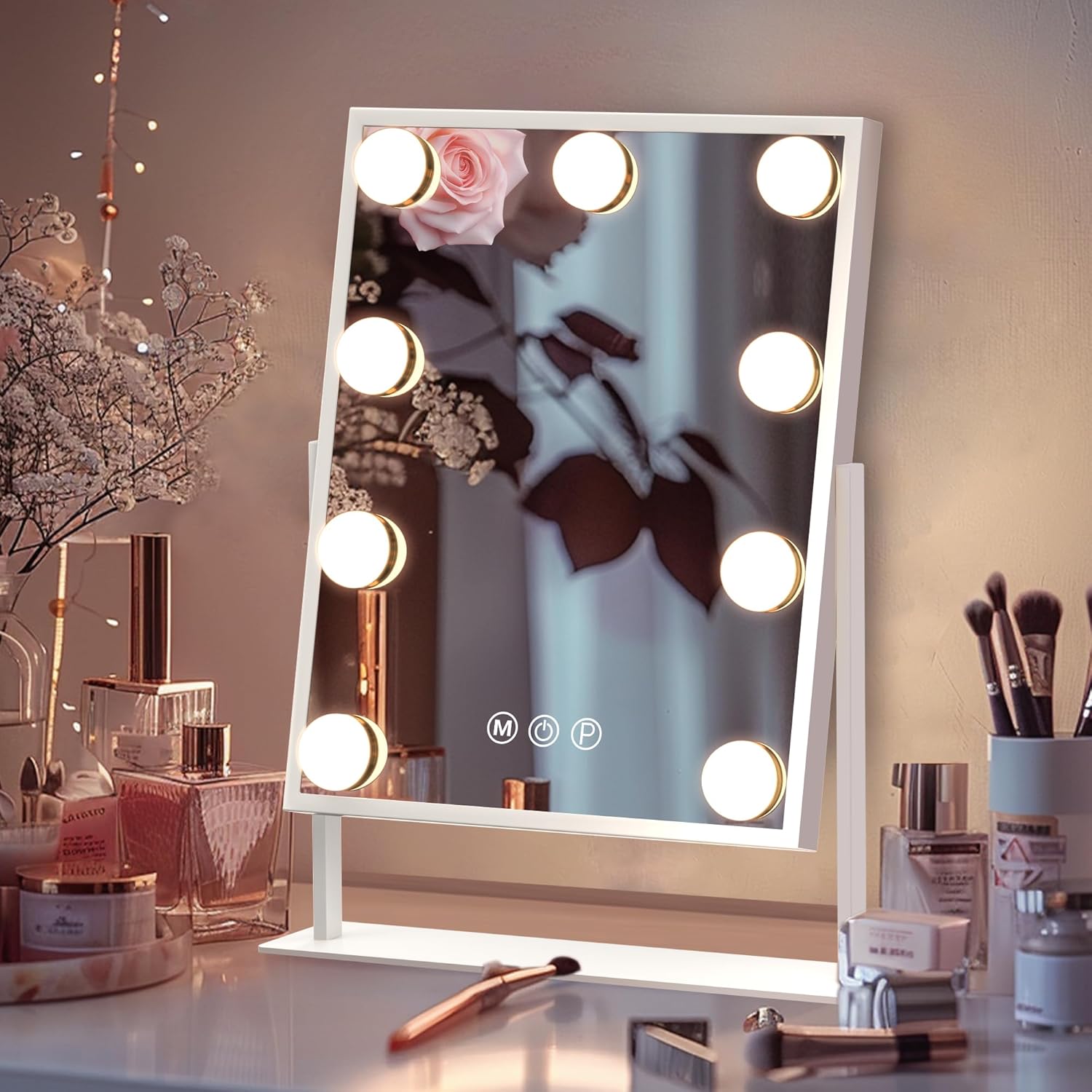 Fenair Vanity Mirror with Lights: Makeup Mirror with 9 Dimmable Bulbs Light Up Mirror with 3 Color Modes and 10X Magnification Hollywood Mirror with Smart Touch Control and 360° Rotation(White)