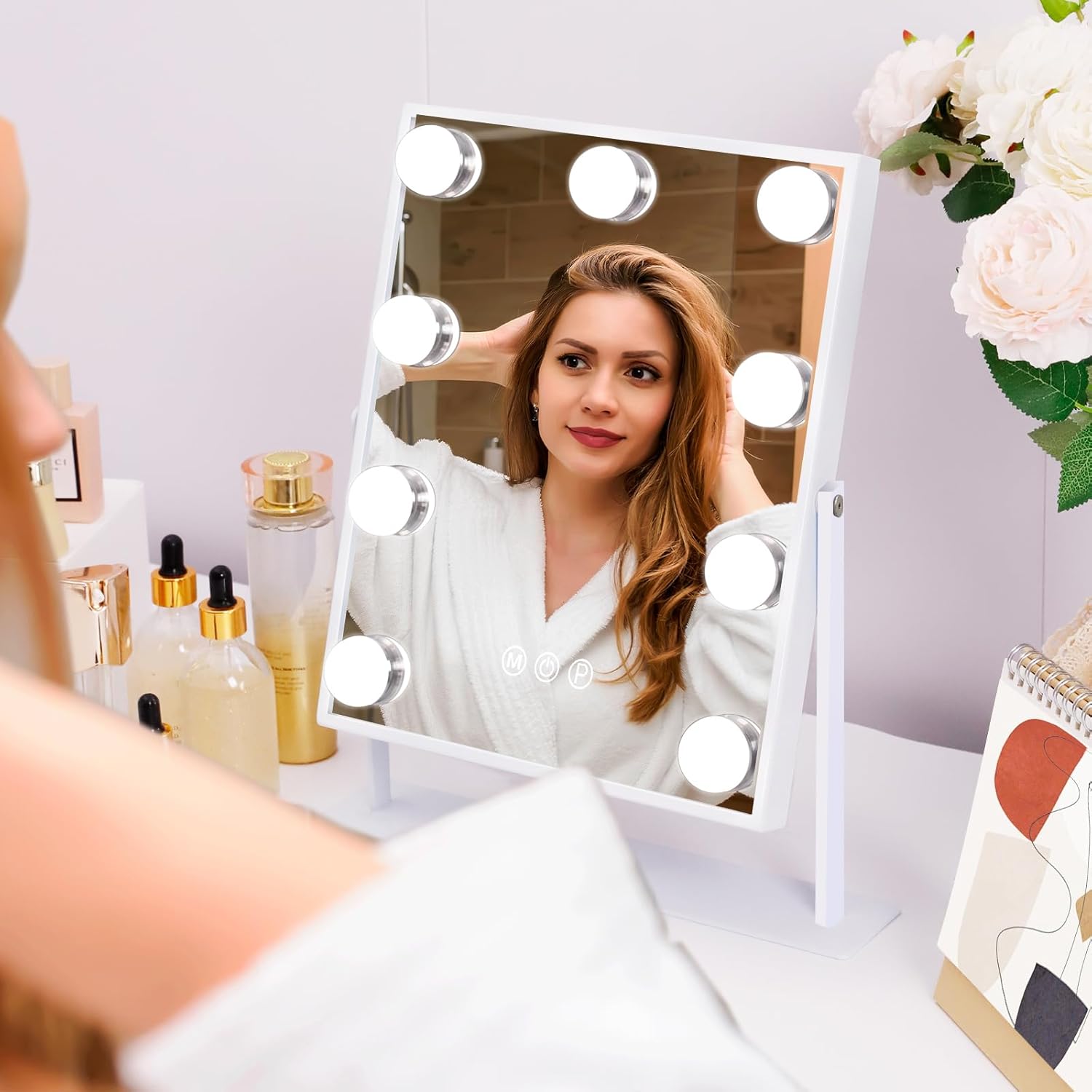 Fenair Vanity Mirror with Lights: Makeup Mirror with 9 Dimmable Bulbs Light Up Mirror with 3 Color Modes and 10X Magnification Hollywood Mirror with Smart Touch Control and 360° Rotation(White) - Image 6