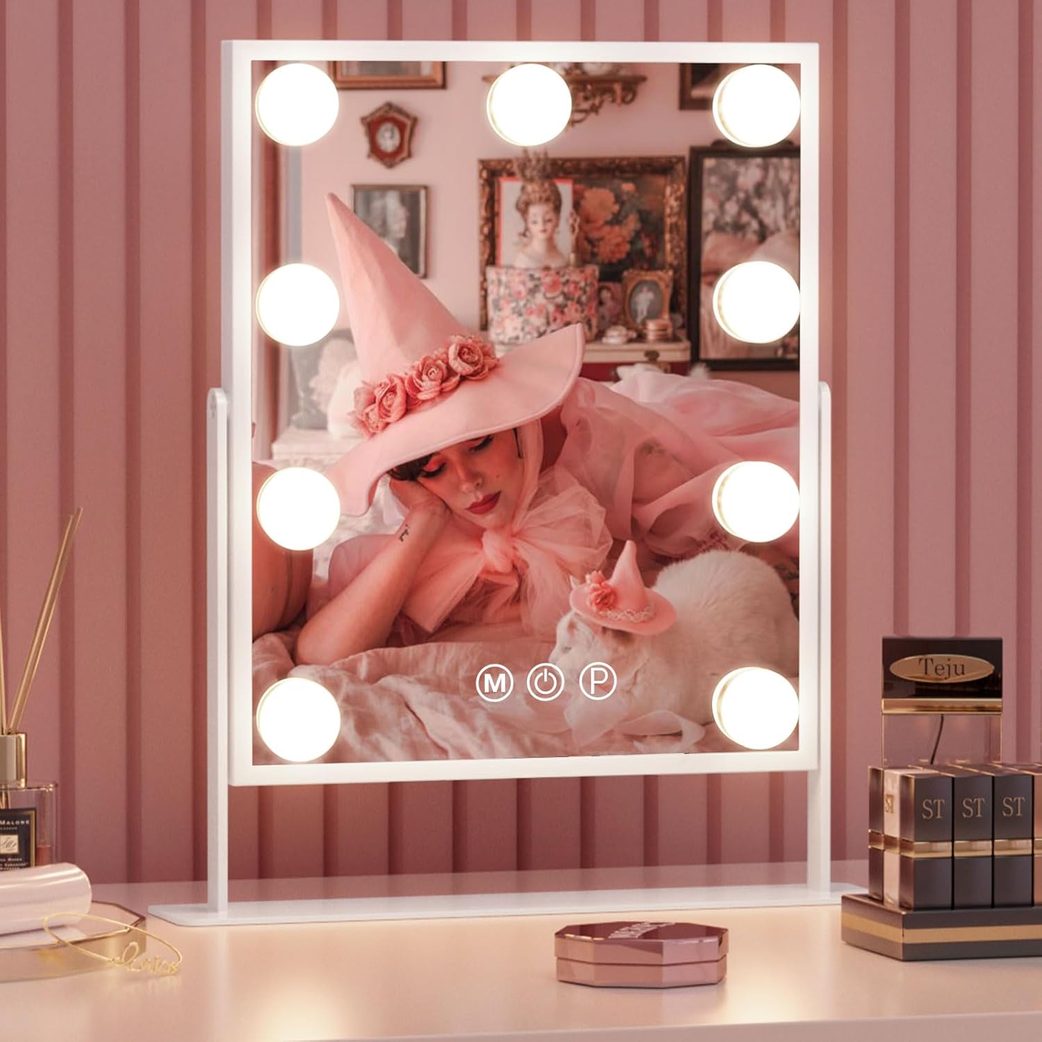 Fenair Vanity Mirror with Lights: Makeup Mirror with 9 Dimmable Bulbs Light Up Mirror with 3 Color Modes and 10X Magnification Hollywood Mirror with Smart Touch Control and 360° Rotation(White) - Image 7