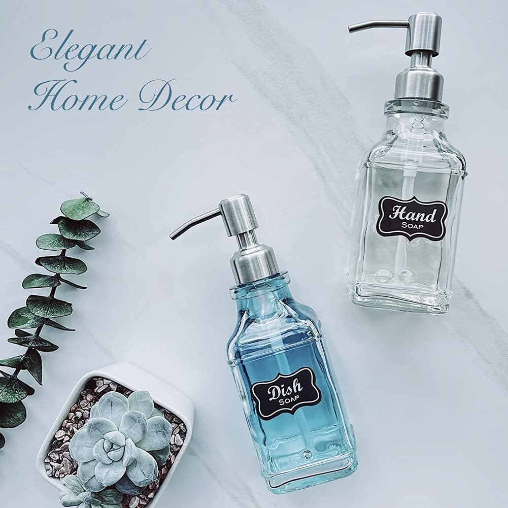 JASAI 2Pack Antique Design Glass Soap Dispenser with Rust Proof 304 Stainless Steel Pump, Refillable Hand Soap Dispenser with 10Pcs Stickers, Premium Soap Dispensers for Kitchen & Bathroom (Clear) - Image 6
