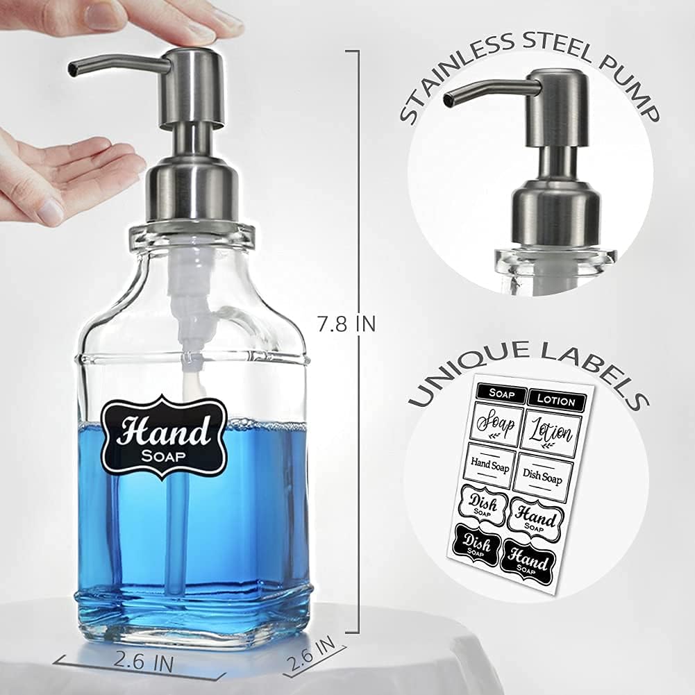 JASAI 2Pack Antique Design Glass Soap Dispenser with Rust Proof 304 Stainless Steel Pump, Refillable Hand Soap Dispenser with 10Pcs Stickers, Premium Soap Dispensers for Kitchen & Bathroom (Clear) - Image 7