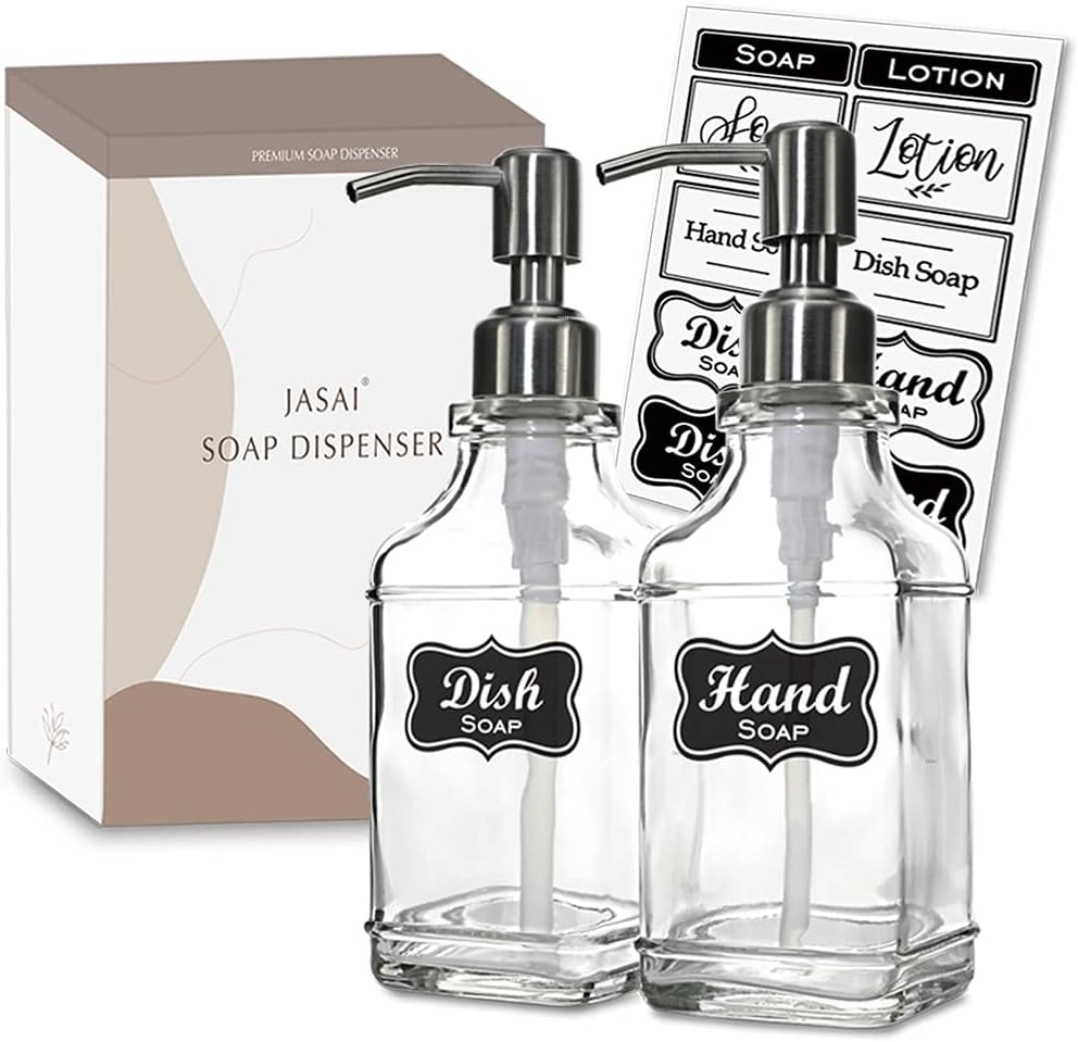 JASAI 2Pack Antique Design Glass Soap Dispenser with Rust Proof 304 Stainless Steel Pump, Refillable Hand Soap Dispenser with 10Pcs Stickers, Premium Soap Dispensers for Kitchen & Bathroom (Clear) - Image 8
