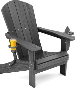 SERWALL Foldable Adirondack Chair, HDPE Adirondack Chair with Wood-Texture-Gray