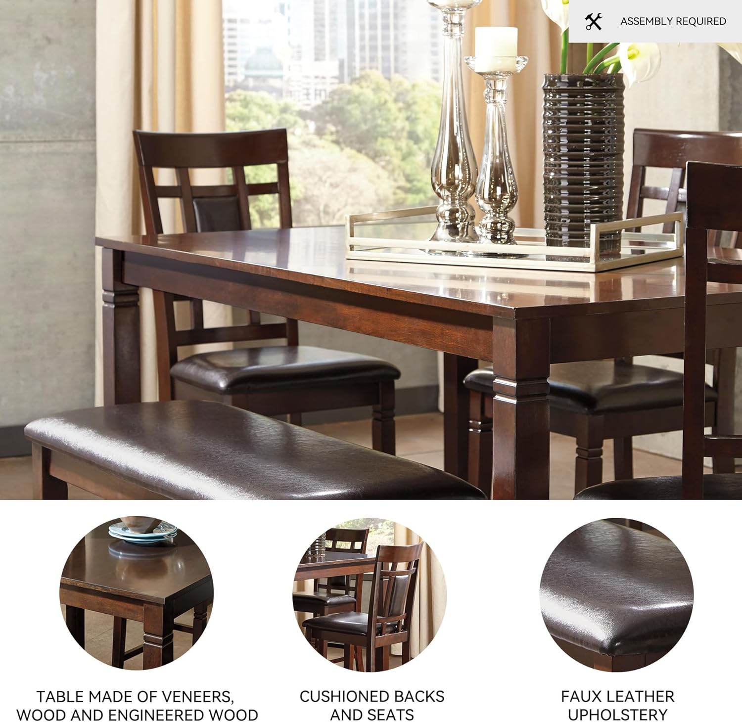 Signature Design by Ashley Bennox Dining Room Set, Includes Table, 4 18" Chairs & Bench, Brown - Image 3