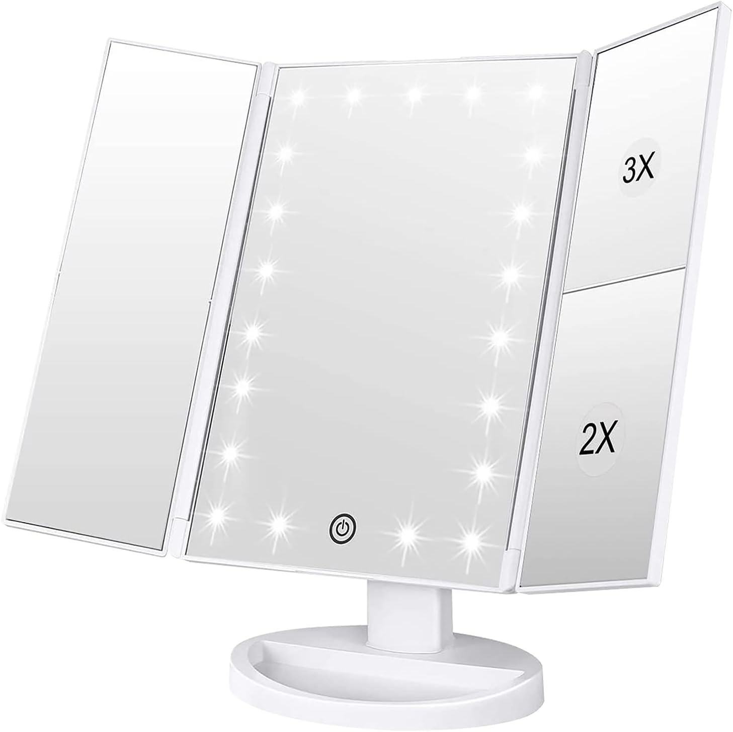 WEILY Makeup Mirror with 21 LED Lights,Two Power Supply Modes, Adjustable Touch Screen and 1x/2x/3x Magnification Tri-Fold Vanity Mirror,Chargeable Travel Cosmetic Mirror for Desktop(White)